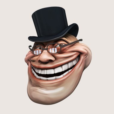 Trollface spectacled, in hat. Internet troll 3d illustration clipart
