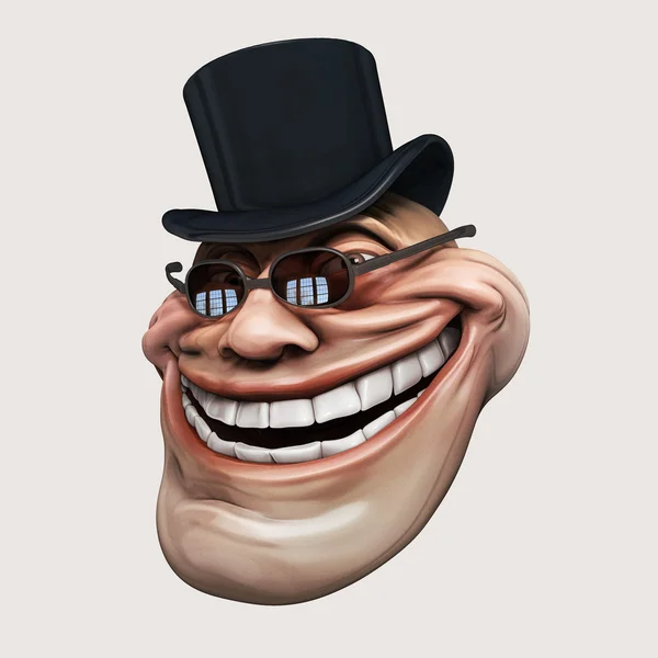 Trollface tmavé brýlatý, v klobouku. Internet troll 3d ilustrace — Stock fotografie