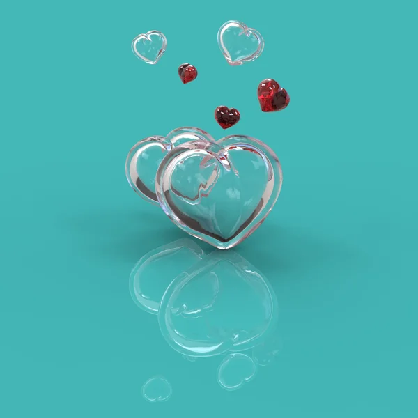 Glass hearts. Valentines Day card. 3D rendering — Stock Photo, Image