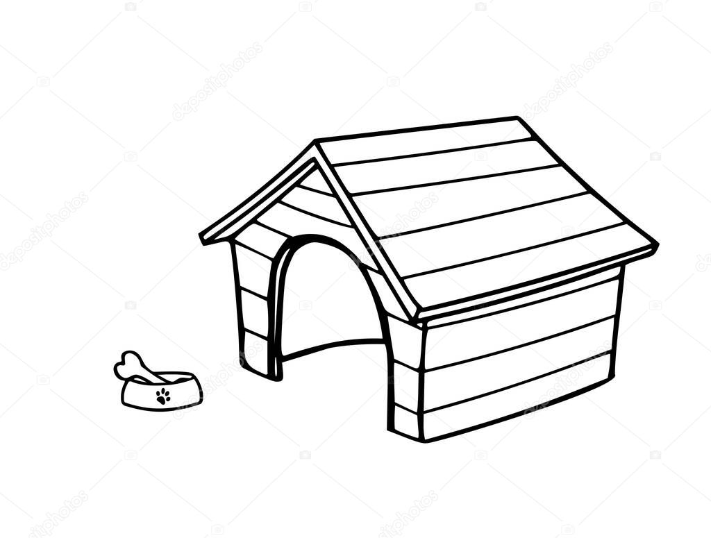 Wooden vector dog house silhouette outline vector drawing illustration . Pet booth isolated on white background.A bowl of puppy with a bone and a footprint.Coloring book pages for kids.