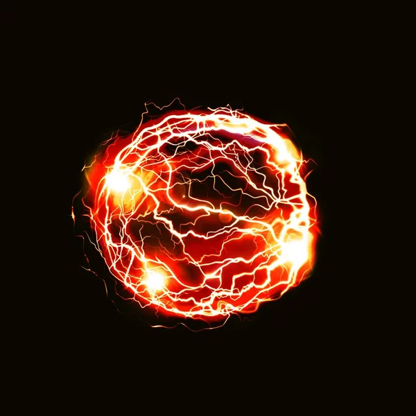 Gökyüzünden alevli meteor yağmuru hızında küresel top. Turuncu Plazma Çemberi Küresi siyah arka planda izole edildi. Soyut plazma güç arkaplanı. Elektrikli flaş. Kızgın güneş..