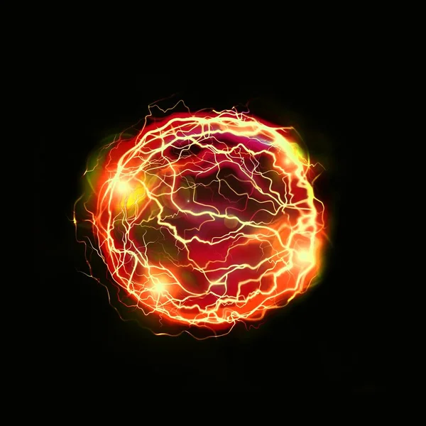 Yellow Orange Lightnings Plasma Fire Ball Isolated Black Background Abstract — Stock Photo, Image