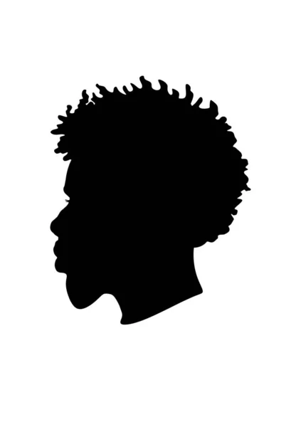 Siyah Afro Afrikalı Amerikalı erkek portresi kıvırcık saçlı ve sakallı bir saç stili vektör silueti. Beyaz arka planda izole edilmiş bir insan kafası çizimi. Vinil duvar çıkartması..