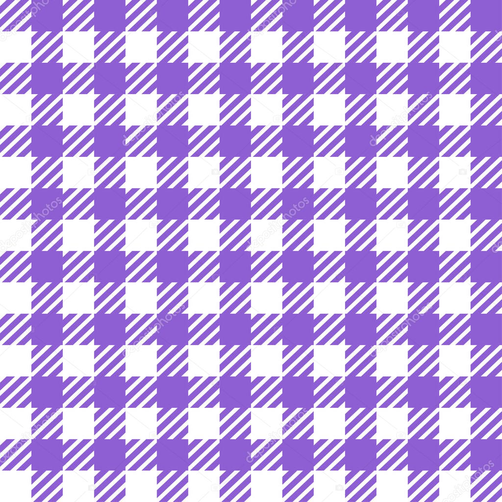 Violet White Gingham Lumberjack Buffalo tartan Checkered plaid seamless pattern. Texture for fabric, tablecloths, clothes, shirts, dresses, paper, bedding, blankets, quilts ,textile.Geometric design.