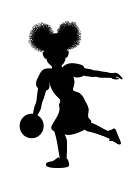 Black African American little girl bowler with two curly ponytails hair puffs on her head and playing with bowling ball .Vector silhouette drawing illustration isolated on white.Bowling game.Sport vector