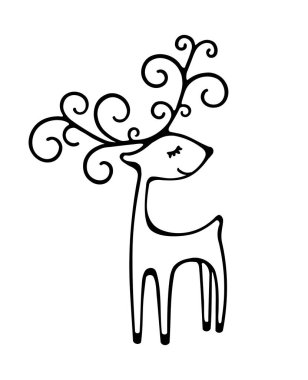 Black deer vector silhouette isolated on white background .Winter reindeer stencil decoration, horns with swirls.Happy New Year.Snowflakes. Merry Christmas.Plotter cutting. Vinyl wall sticker decal. clipart