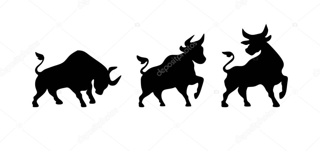 Black vector bull silhouette drawing illustration. Sign. Symbol of the year 2021. Vinyl wall sticker decal, t shirt print, laser cutting, tattoo, stencil decoration element. Bulls logo icons .