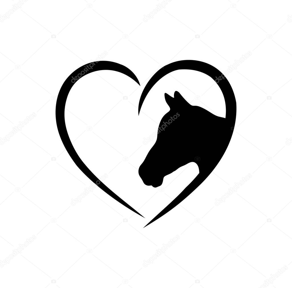 Vector horse black vector head face outline silhouette drawing illustration in heart frame shape on white background .Love horses sign icon.T shirt print.Laser Cut. Plotter Cutting. Vinyl wall sticker
