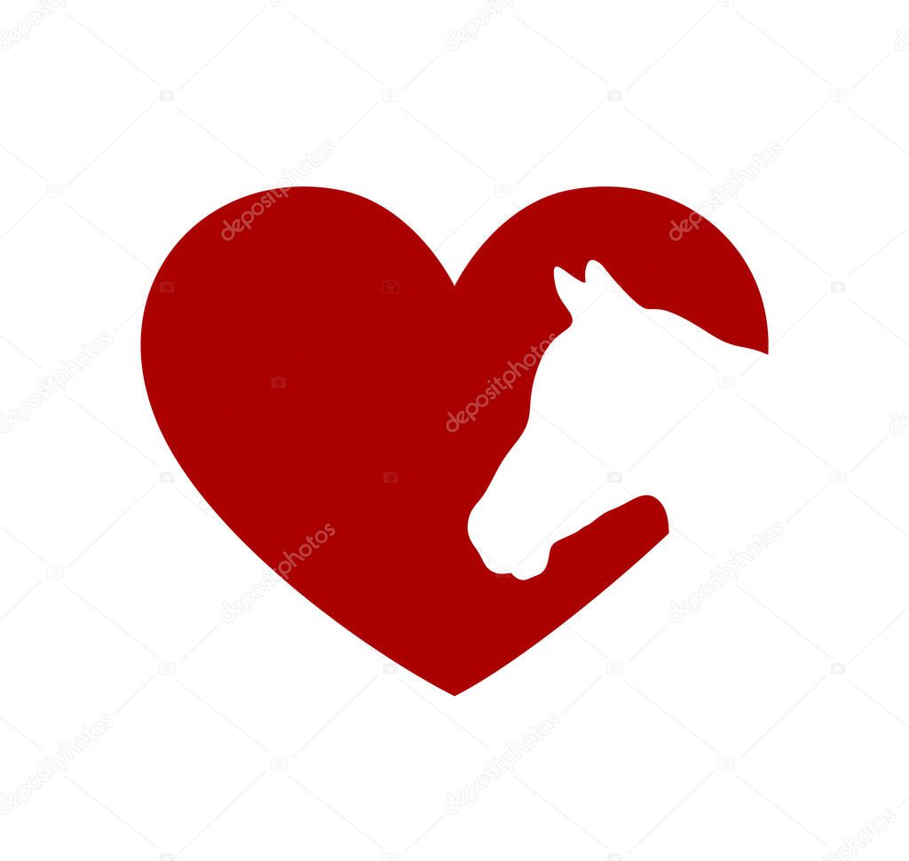 Red horse vector head face silhouette drawing illustration in heart frame shape on white background .Love horses sign icon. T shirt print. Laser Cut. Plotter Cutting. Vinyl wall sticker decal