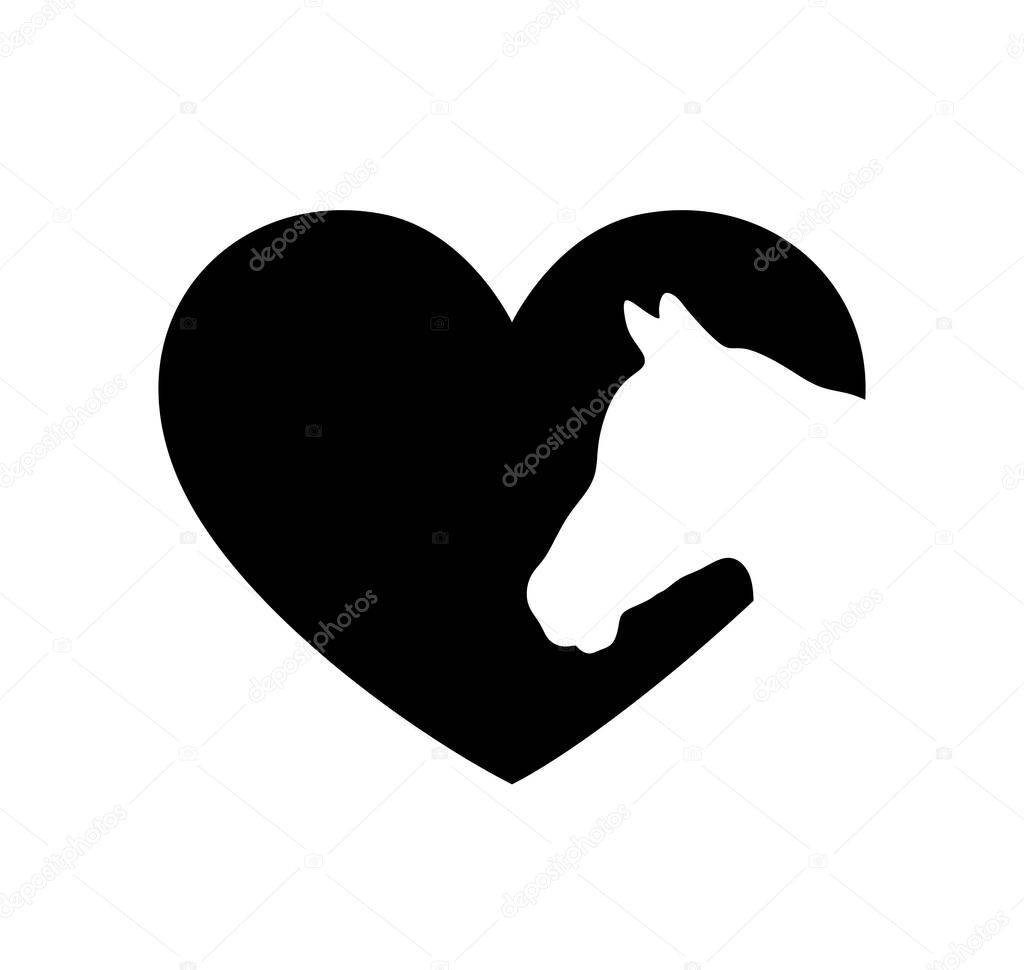 White horse vector head face silhouette drawing illustration in heart frame shape on black background .Love horses sign icon.T shirt print. Laser Cut.Plotter Cutting. Vinyl wall sticker decal.