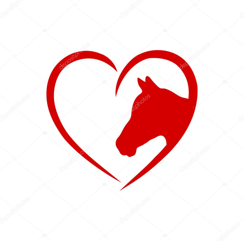 Horse red vector head face outline silhouette drawing illustration in heart frame shape on white background .Love horses sign icon.T shirt print.Laser Cut. Plotter Cutting. Vinyl wall sticker decal