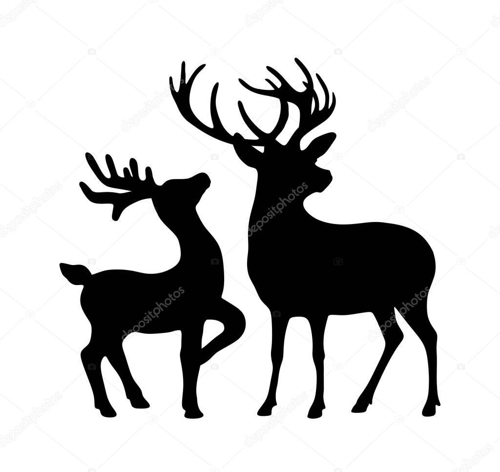 Vector black all body deer stag reindeer with antlers.Outline silhouette stencil drawing illustration isolated on white background .Sticker.T shirt print.Plotter Cutting. Laser cut. Christmas decoration