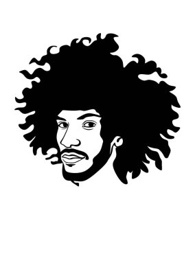 Siyah, kıvırcık saçlı Afro-Amerikan bir adamın kafasının vektör silueti. Saç stili rastalı bir erkek portresi, sakal. İnsan profili. Vinil duvar çıkartması. Yazdır. 