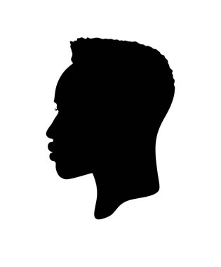 Siyah Afro-Amerikan erkek, kadın portresi kıvırcık saçlı bir saç stilinin vektör silueti. Beyaz etikete izole edilmiş bir insan kafası profili çiziyor..