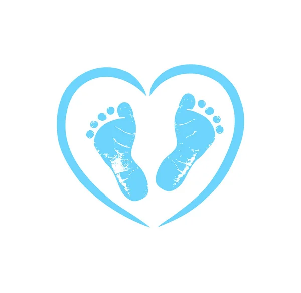 Blue Vector Baby Footprints Silhouette Print Design Footsteps Outline Heart — Stock Vector