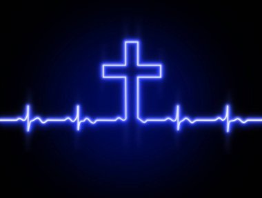 Tanrı 'nın haçı, Yüce İsa. Kalp atışı çizgisi simgesi. Kalp ritmi. EKG. Kardiyogram. Sadakat. Hıristiyan sancak tasarımı. Koyu mavi 3d neon lambanın siyah arka plan üzerindeki etkisi. Duvar Kağıdı.