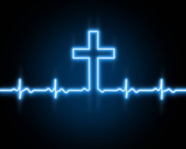 Tanrı 'nın haçı, Yüce İsa. Kalp atışı çizgisi simgesi. Kalp ritmi. EKG. Kardiyogram. Sadakat. Hıristiyan sancak tasarımı. Mavi beyaz ışığın siyah arka plan üzerinde etkisi. Duvar Kağıdı.