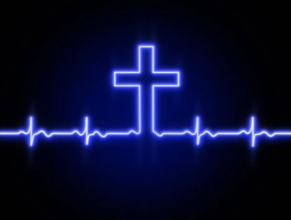 Kruis Van God Heer Jezus Christus Hartslaglijn Icoon Hartritme Ecg — Stockfoto