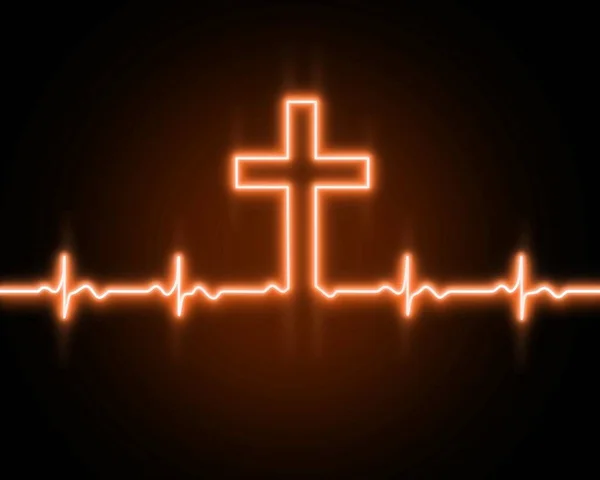 Tanrı 'nın haçı, Yüce İsa. Kalp atışı çizgisi simgesi. Kalp ritmi. EKG. Kardiyogram. Sadakat. Hıristiyan sancak tasarımı. Siyah arka planda turuncu 3d neon ışık etkisi. Duvar Kağıdı.