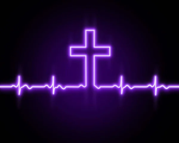 Tanrı 'nın haçı, Yüce İsa. Kalp atışı çizgisi simgesi. Kalp ritmi. EKG. Kardiyogram. Sadakat. Hıristiyan sancak tasarımı. Violet neon ışığın siyah arka plan üzerinde etkisi. Duvar Kağıdı.