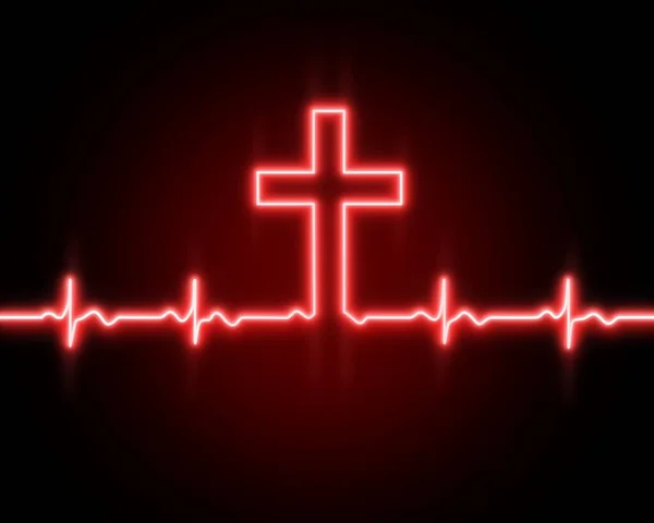 Tanrı 'nın haçı, Yüce İsa. Kalp atışı çizgisi simgesi. Kalp ritmi. EKG. Kardiyogram. Sadakat. Hıristiyan sancak tasarımı. Kırmızı 3D ışığın siyah arka plan üzerinde etkisi. Duvar Kağıdı.