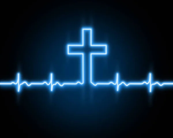 Tanrı 'nın haçı, Yüce İsa. Kalp atışı çizgisi simgesi. Kalp ritmi. EKG. Kardiyogram. Sadakat. Hıristiyan sancak tasarımı. Mavi beyaz ışığın siyah arka plan üzerinde etkisi. Duvar Kağıdı.