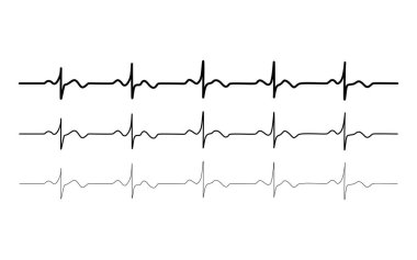 Vektör siyah kalp ritmi seti, elektrokardiyogram, EKG - EKG sinyali, Kalp atışı çizgisi konsepti tasarımı beyaz zeminde izole edildi. Dövme, duvar sanatı, baskı sanatı.