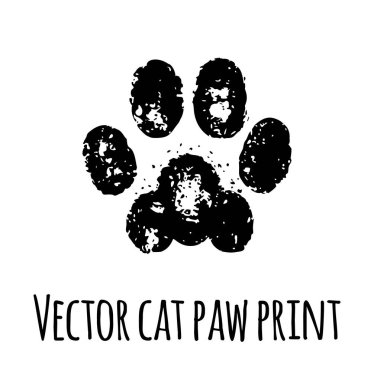 Vector black cat grunge ayak izi izi silueti beyaz arka planda izole edilmiş işaret çizimi çizimi. Kitten ayak izi izi. T-shirt izi dizaynı..
