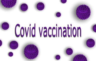 Covid 19 Gönüllü Aşı 2021-2022. Coronavirus duvar kağıdı afişi mor viral hastalık çemberi yuvarlak hücreleri beyaz üzerine izole edilmiş.