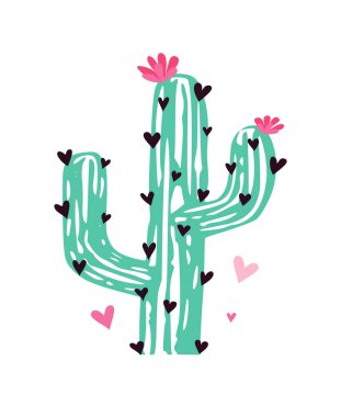 Vector silhouette drawing illustration of cute cartoon blooming green kawaii cactus with black needles in the shape of hearts and pink flowers.Love symbol.Sticker.Cacti summer T shirt print.Pattern.
