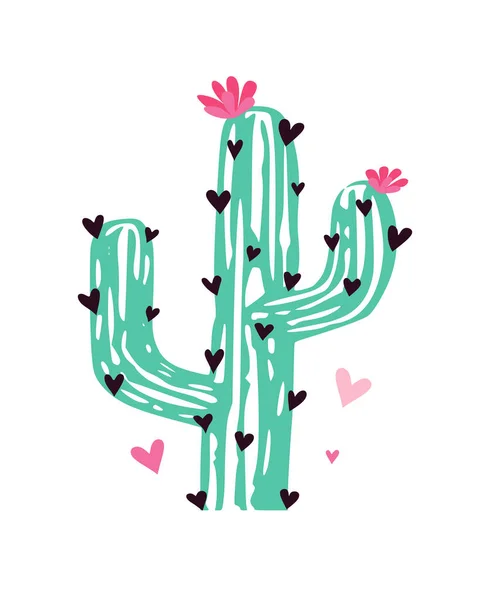 Vector Silhouette Drawing Illustration Cute Cartoon Blooming Green Kawaii Cactus — Stock Vector