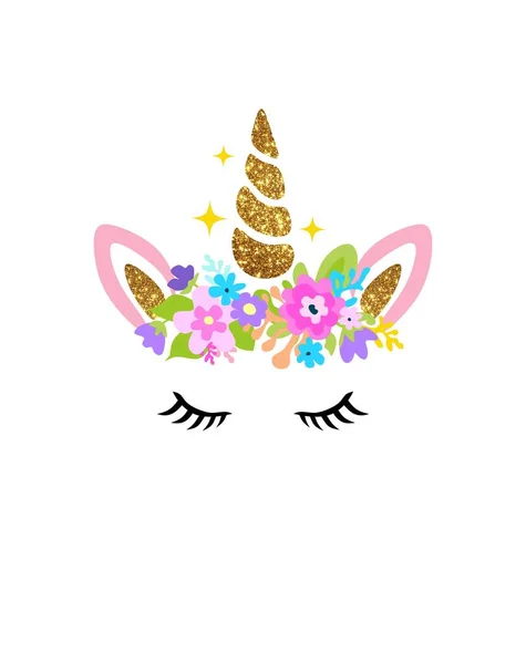 Cartoon pony unicorn head drawing illustration with glitter gold golden horn,ears and flowers wreath.Baby shower card decoration element.T shirt print design.Cute kawaii horse illustration for kids.Vinyl wall sticker decal.Decor.