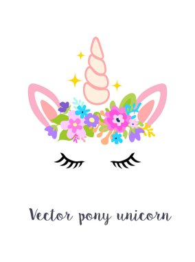 Vector cartoon pony unicorn head with flowers wreath.Baby shower rainbow colorful card decoration element.T shirt print design.Cute kawaii horse illustration for kids.Vinyl wall sticker decal.Decor.