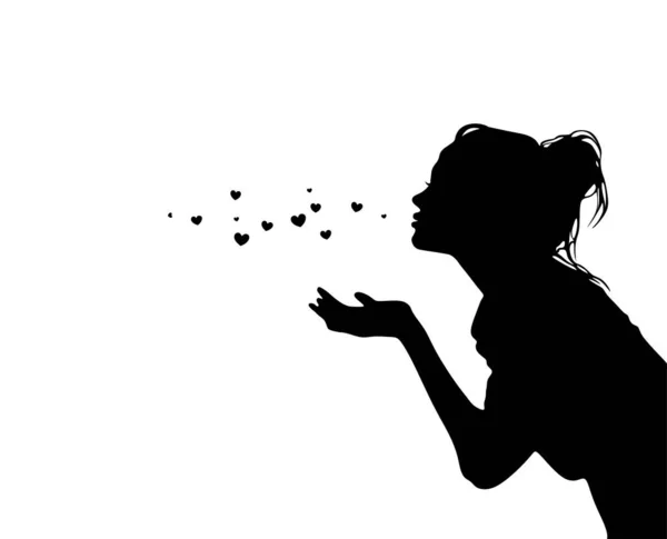 Hübsches Mädchen Senden Luft Herzen Küssen Schwarze Silhouette Isoliert Auf — Stockvektor