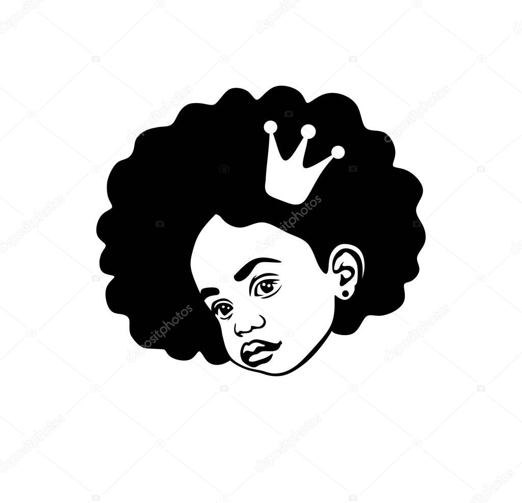 Black African American little cute baby girl beautiful head silhouette vector drawing illustration with curly puffs hair and crown.Queen.Princess.Face of a child.Plotter laser cut. Vinyl wall sticker.