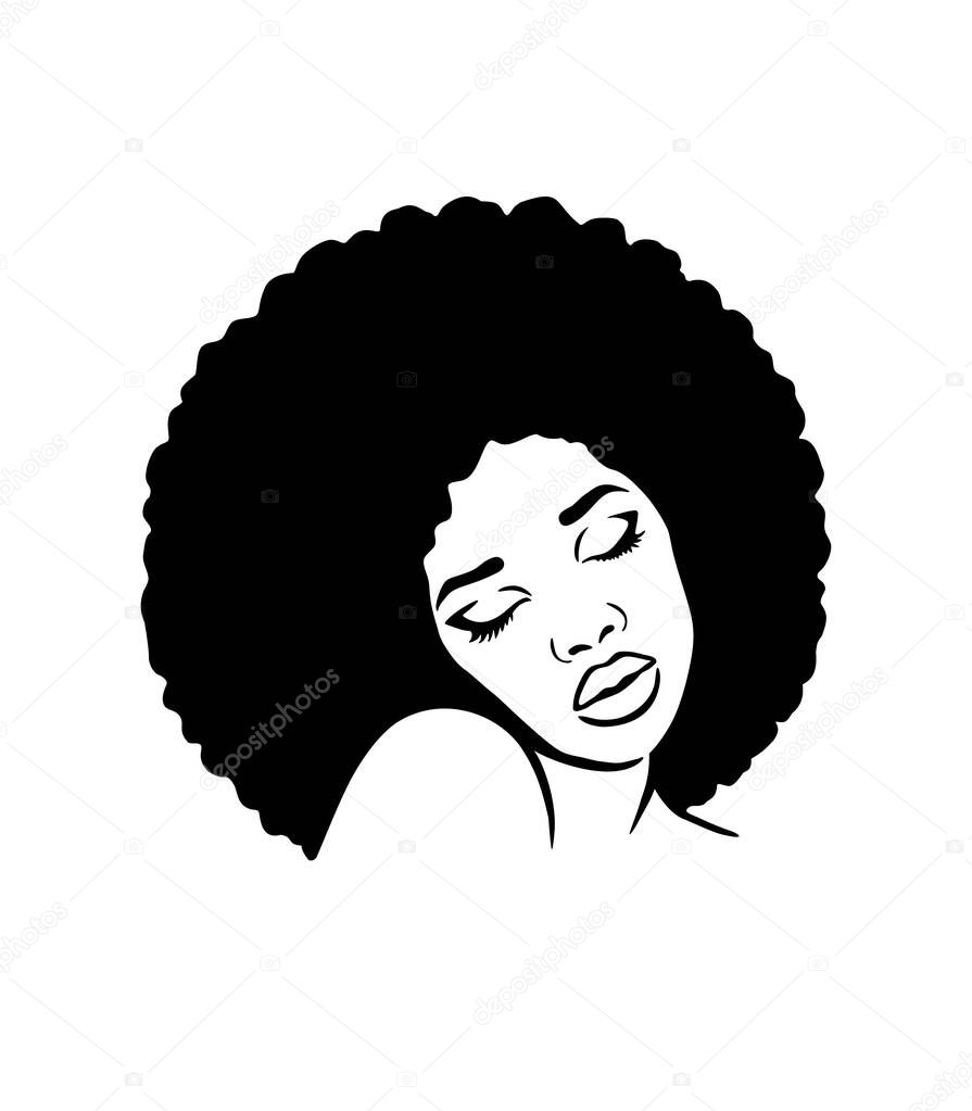 Black Afro African American girl woman lady vector portrait head face silhouette with natural waves hair puff hairstyle drawing illustration.Laser plotter cutting.Logo for beauty salon.T shirt print.