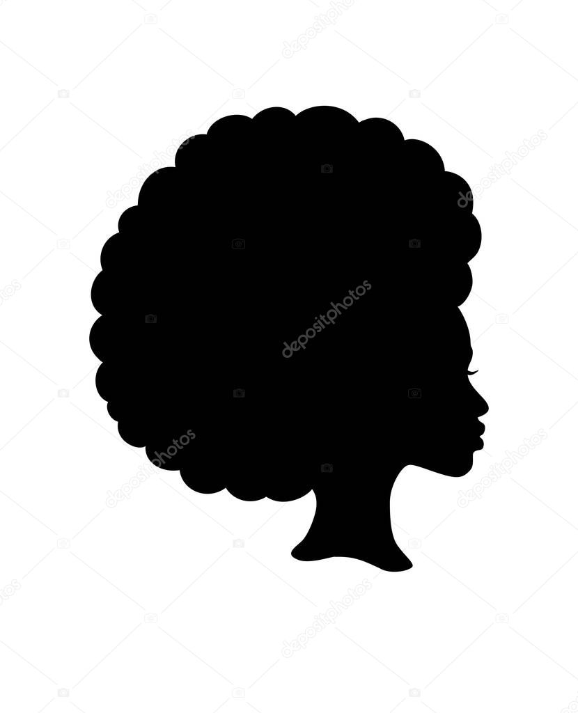 Black Afro African American girl woman lady vector portrait profile head face silhouette with natural hair puff hairstyle drawing illustration.Laser plotter cutting.Logo for beauty salon.T shirt print