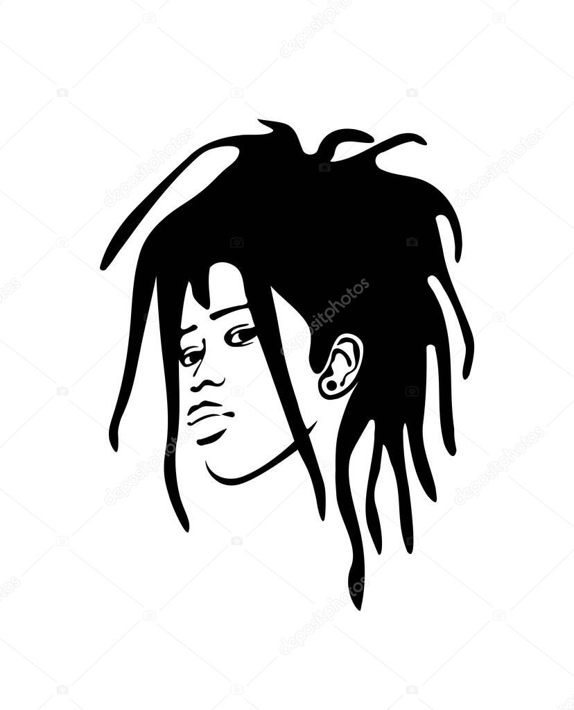 Black African American girl woman vector beautiful fashion lady head face silhouette stencil drawing illustration with dreadlocks hairstyle on white background.Beauty logo.Hair salon.Vinyl Sticker