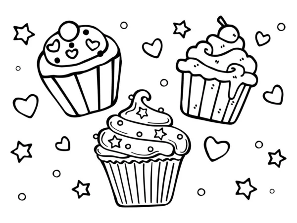 Gâteaux Cupcake Cheesecakes Crème Étoiles Coeurs Décor Vector Cartoon Silhouette — Image vectorielle