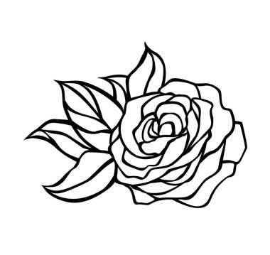 Siyah gül çiçeği ve ana hatlı vektör çizimi. Vinil duvar etiketi dekalaşması. Çizer lazer kesimi. Dosyayı kes. Tencil dövme tasarımı. Dekorasyon..
