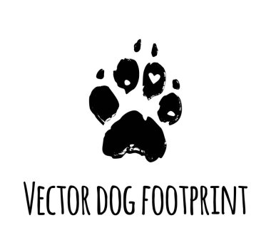 Vector dog grunge footprint.Black pet doggy textured paw mark silhouette drawing sign illustration isolated on white background.T shirt print design.Sticker.Puppy footstep trail,heart icon texture . clipart