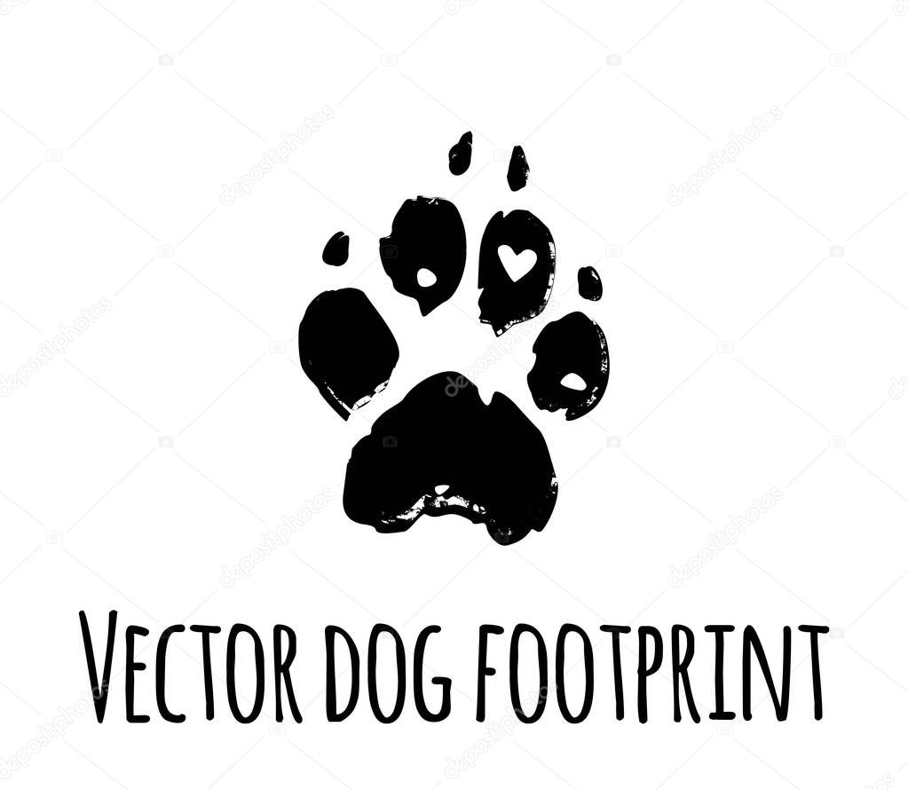 Vector dog grunge footprint.Black pet doggy textured paw mark silhouette drawing sign illustration isolated on white background.T shirt print design.Sticker.Puppy footstep trail,heart icon texture .