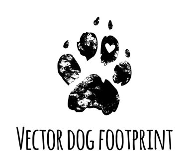 Vector dog grunge footprint.Black pet doggy textured paw mark silhouette drawing sign illustration isolated on white background.T shirt print design.Puppy footstep trail,heart icon texture .Sticker.