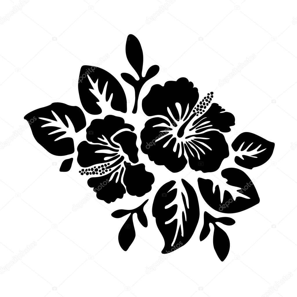 Black tropical exotic hibiscus flowers vector tattoo silhouette drawing illustration.Hawaiian floral stencil design element.Plotter laser cutting.Vinyl wall sticker decal.Cut file.Print. Leaves. DIY.