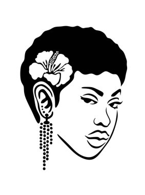 Siyah Afro Afrikalı Afro-Amerikalı kadın kadın vektör portresi kafa silueti, kısa saç stili, asılı küpeler, Hawaii tropikal amber çiçeği. Vinil çıkartma baskısı. Lazer çizici kesimi..