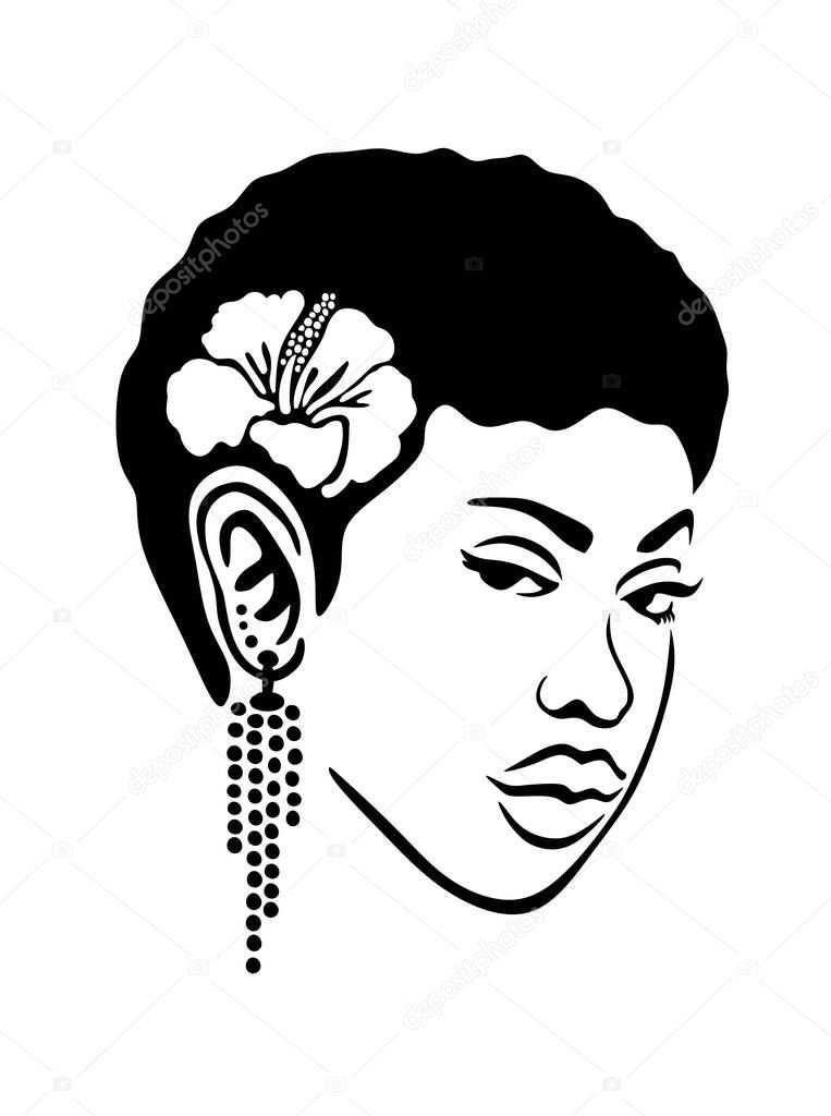 Black Afro African American girl woman lady vector portrait head face silhouette,short hair hairstyle,hanging earrings,Hawaiian tropical exotic hibiscus flower.Vinyl sticker print.Laser plotter cut.