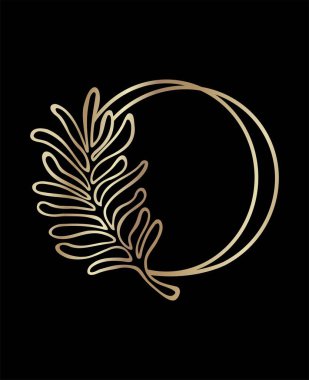 Lüks altın logo simgesi, O harfi, Branch. Vector Leaf silueti. Çiçek tasarımı elementi. Çember çerçevesi. Düğün başlığı: Heraldry, kurumsal kimlik, kartvizit, davetiye..