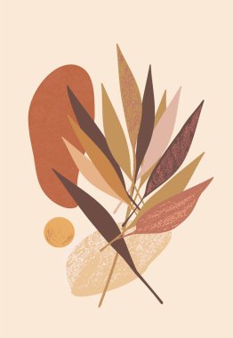 Vektör Botanik baskısı boho minimalist basılabilir duvar sanatı soyut ev dekorasyonu çiçek desenli bohem sanat eserleri. Tropik egzotik palmiye yaprakları dalları. Yaprak silueti. Çiçek tasarımı elementi. Pastel renkleri..