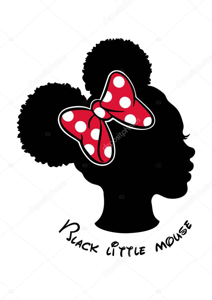 Black Afro African American little girl vector portrait profile head face silhouette,natural waves hair puffs ponytails Minnie Mouse hairstyle,red bow.Laser plotter cutting.T shirt print. Sticker. DIY