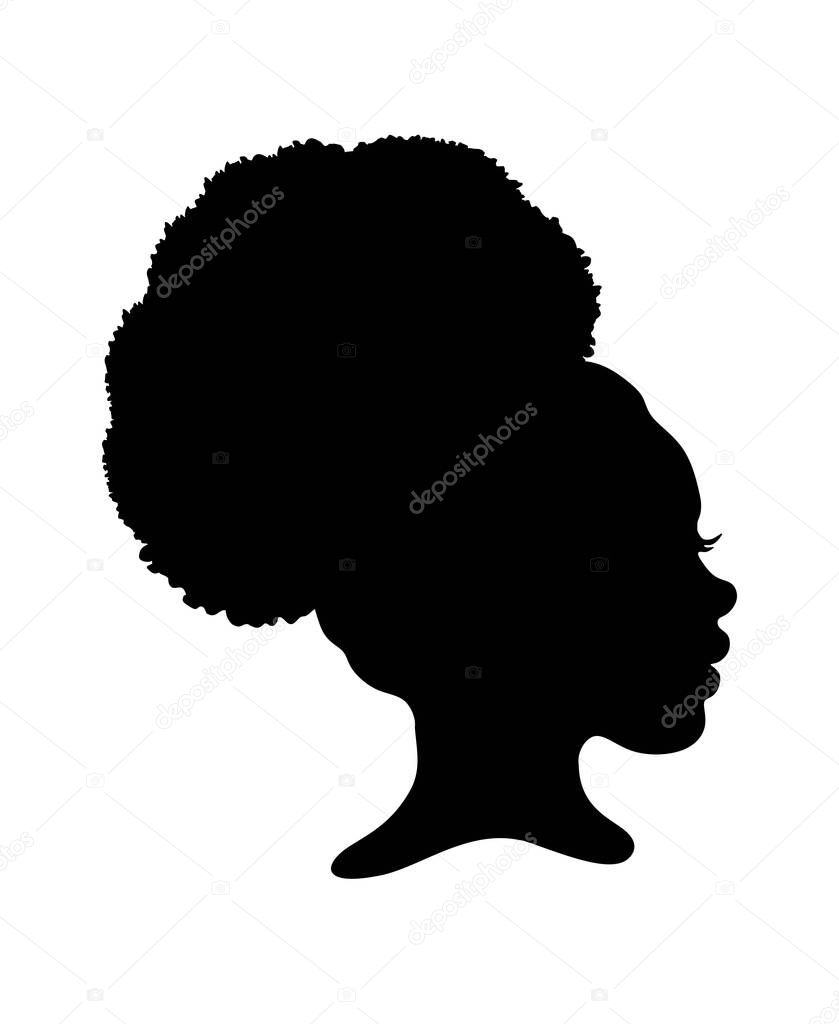 Black Afro African American little girl vector portrait profile head face silhouette,natural curls waves hair puff ponytail hairstyle.Laser plotter cutting.T shirt print.Vinyl wall sticker decal.Logo.